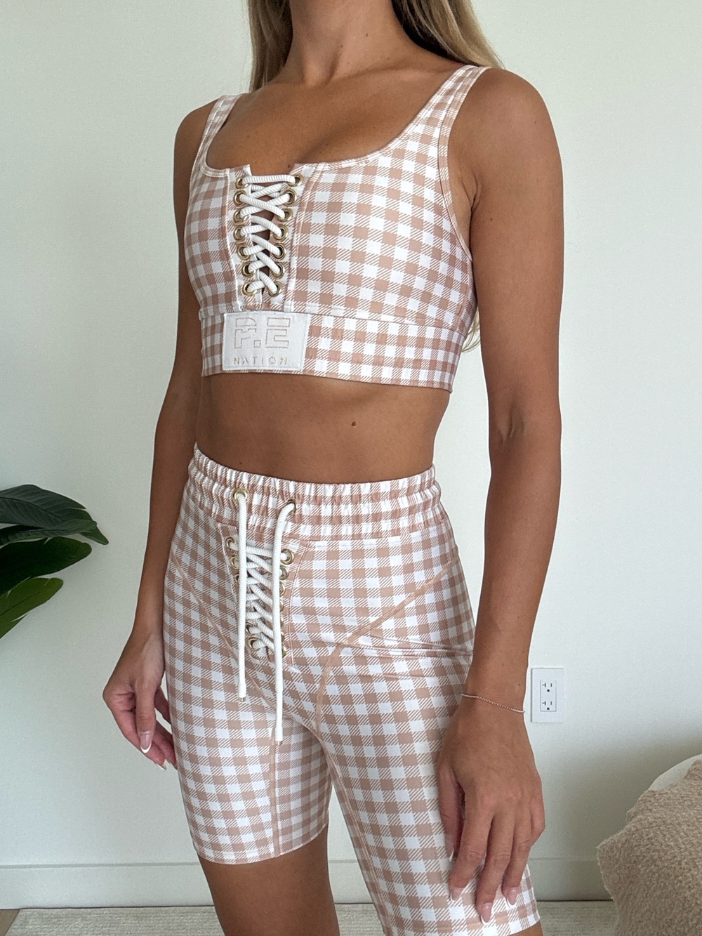 P.E Nation Gingham Lace-Up Crop Tank and High-Waist Bike Shorts Set